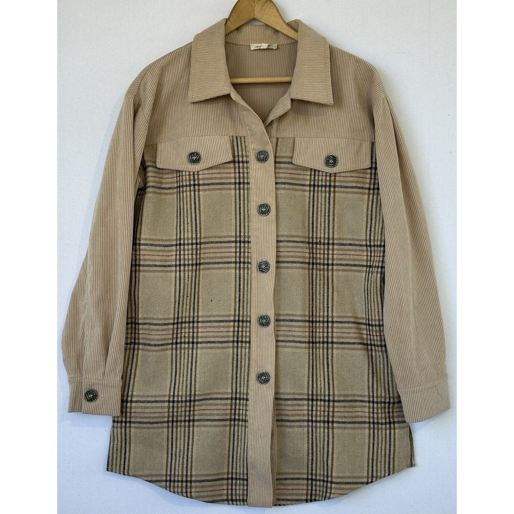 Mystree Corduroy Long Shirt Shacket Brown Plaid Work Women's M